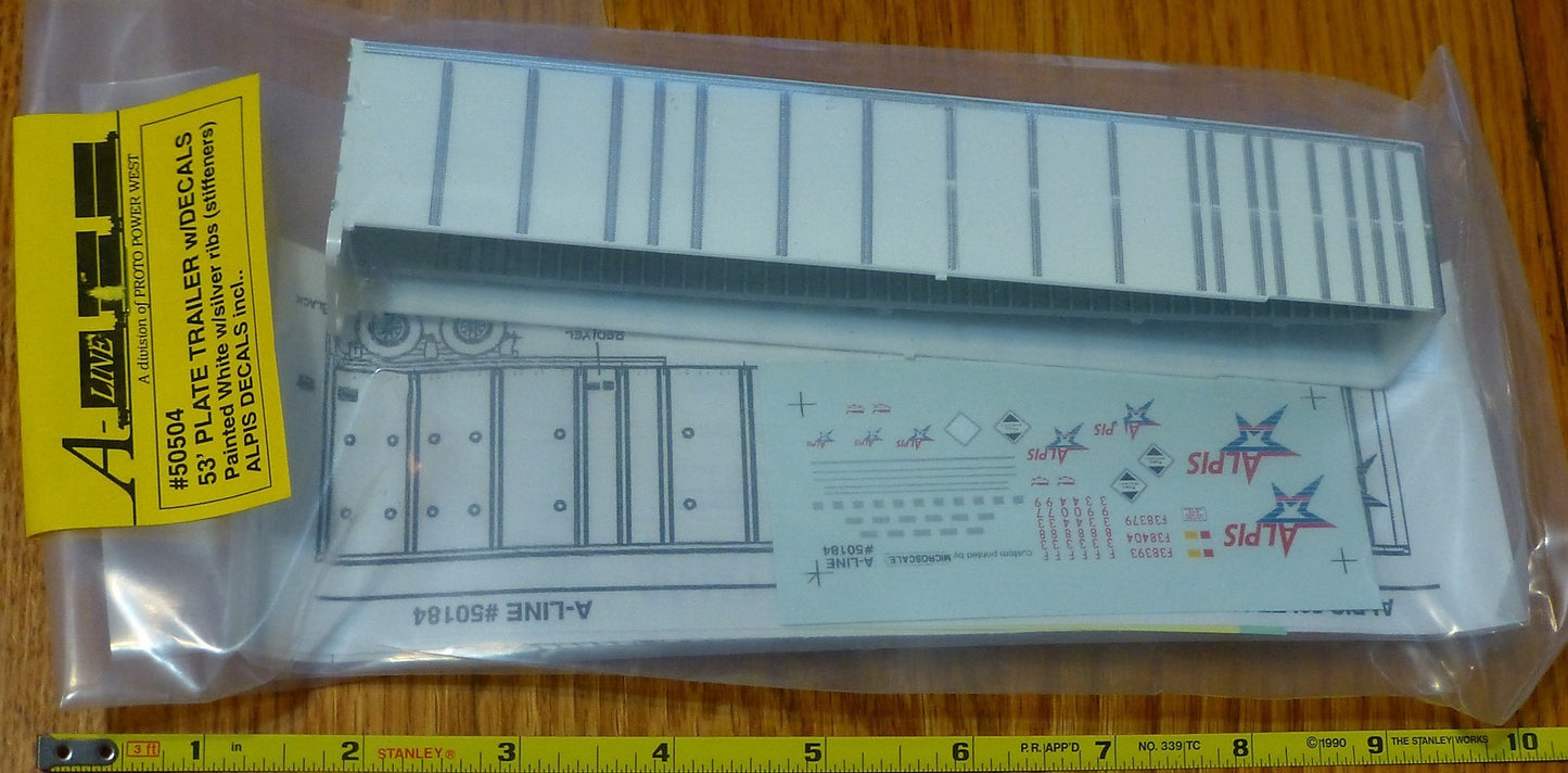 A-Line HO #50504 (53' Plate Trailer w/Decals) Painted White w/Silver Ribs (Stiff