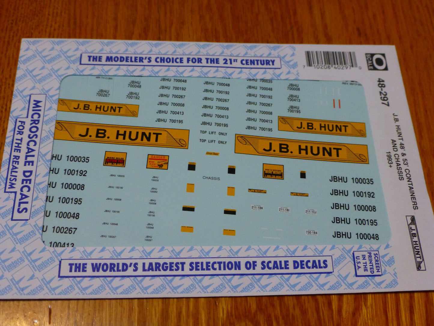 Microscale Decal O #48-297 J.B. Hunt 48' & 53' Containers & Chassis, 1993+