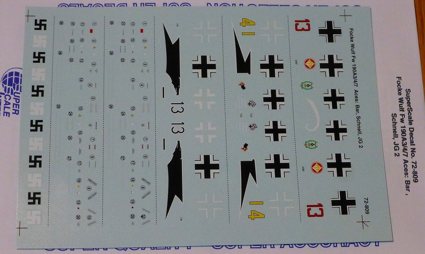 Microscale Decal 1:72 Scale #72-809 / Focke Wulf Fw 190A3/4/7 Aces: Bar, Schnell
