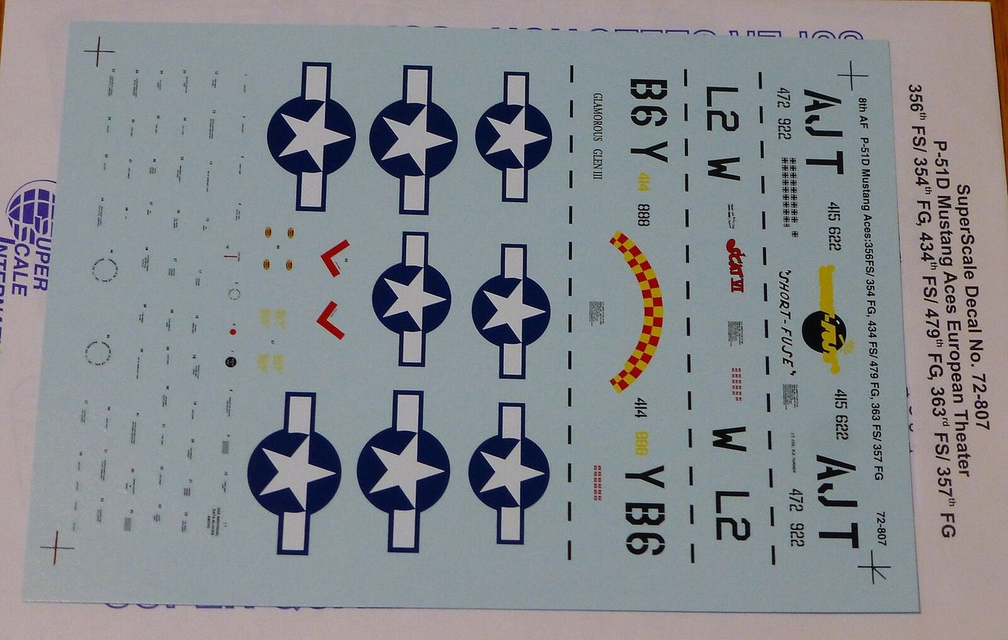 Microscale Decal 1:72 Scale #72-807 / 8th AF, P-51D Mustang Aces: 356FS/ 354 FG,