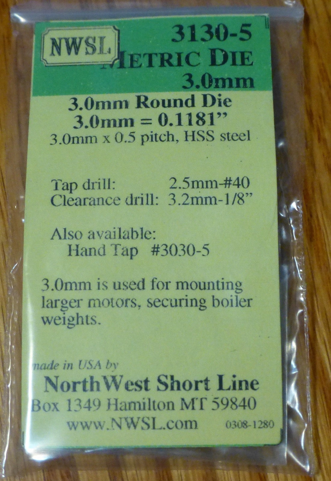 NWSL #3130-5 Metric Die 3.0mm / 3.0mm-0.1181"