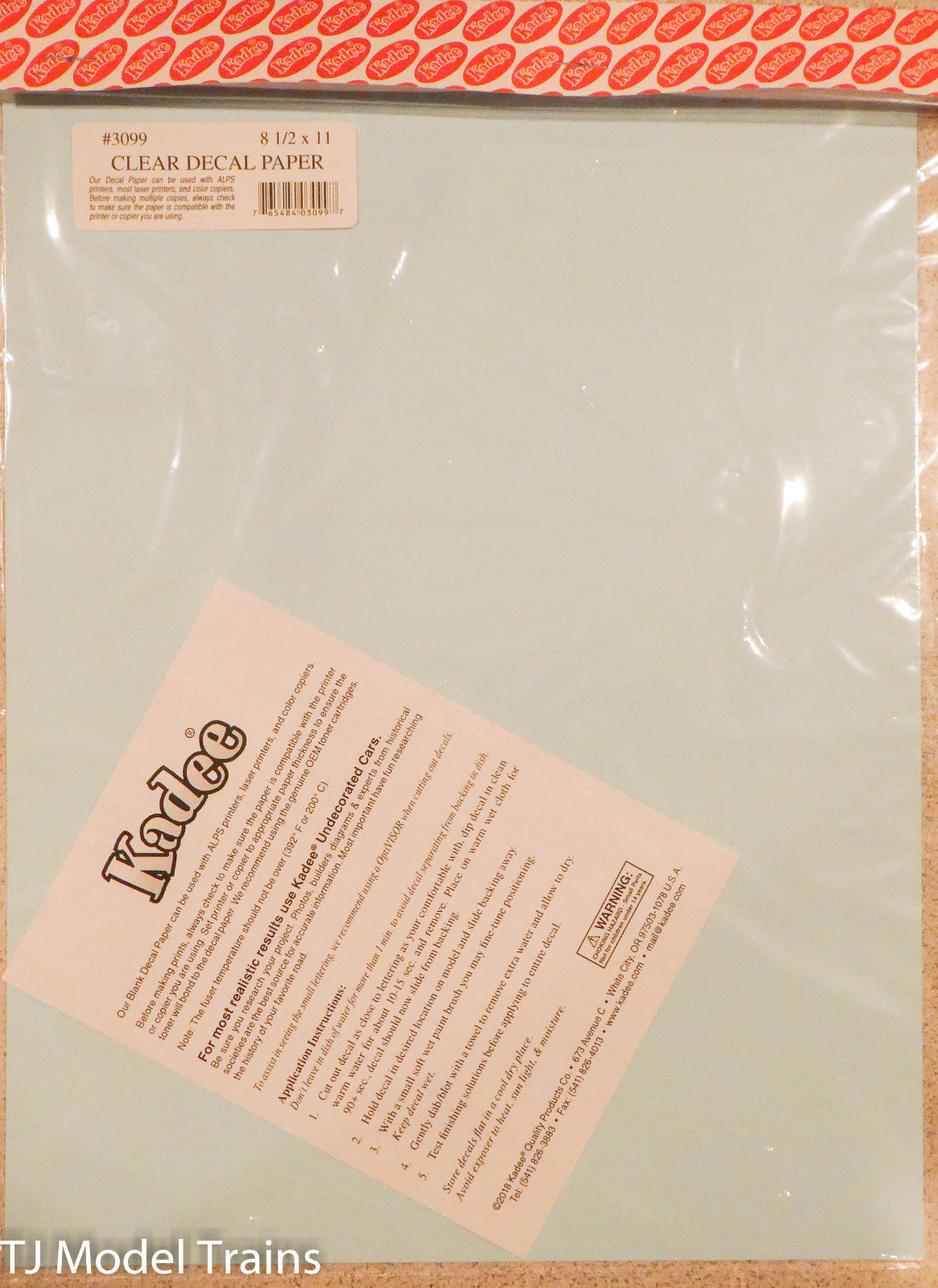 Kadee #3099 Decal Paper 8-1/2 x 11" -- Clear