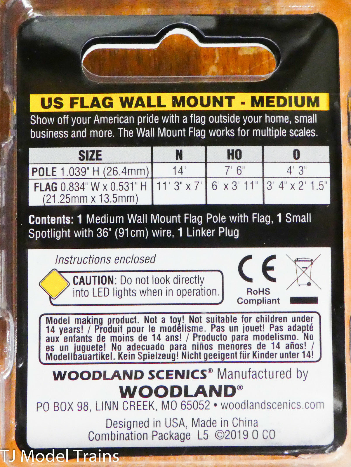 Woodland Scenics #JP5954 US Flag Wall Mount (Medium) w/Small Spotlight Included