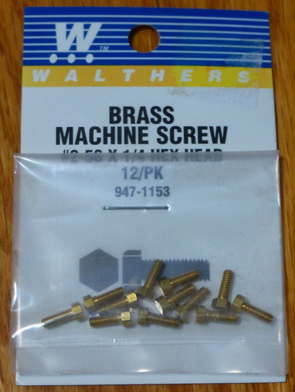 Walthers #947-1153 / 2-56 Brass Hex Head Machine Screws -- 1/4 x .086" .64 x .22