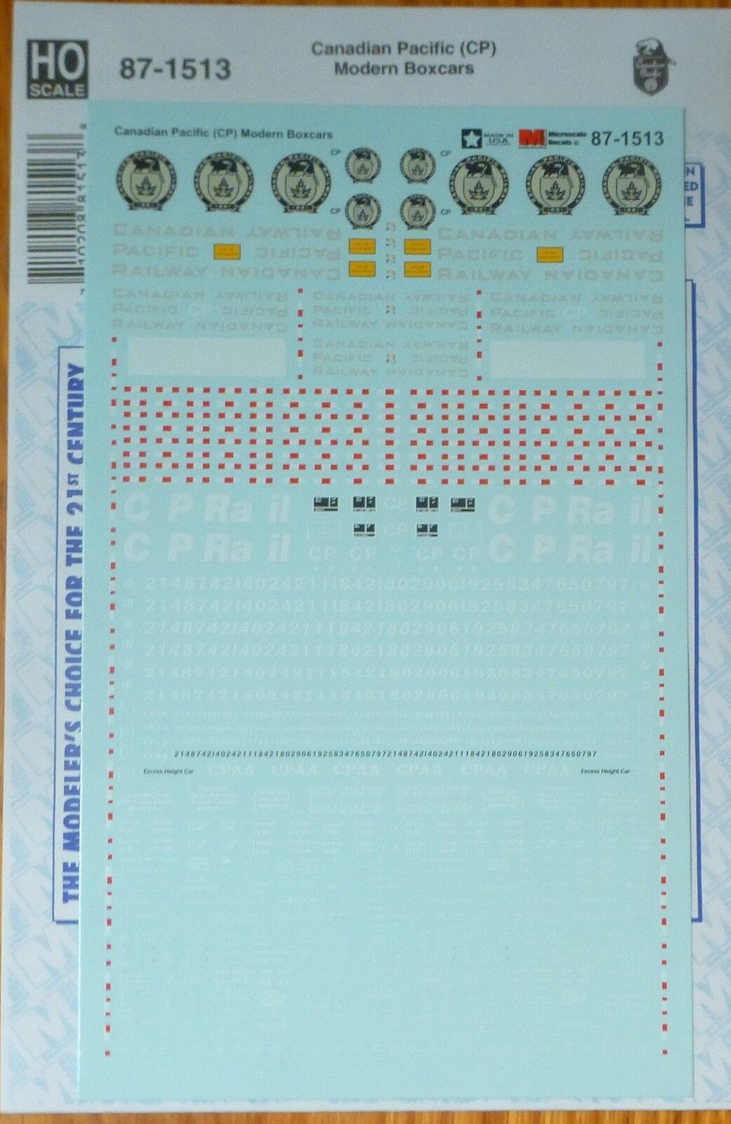 Microscale Decal HO #87-1513 Canadian Pacific (CP) Modern Boxcars