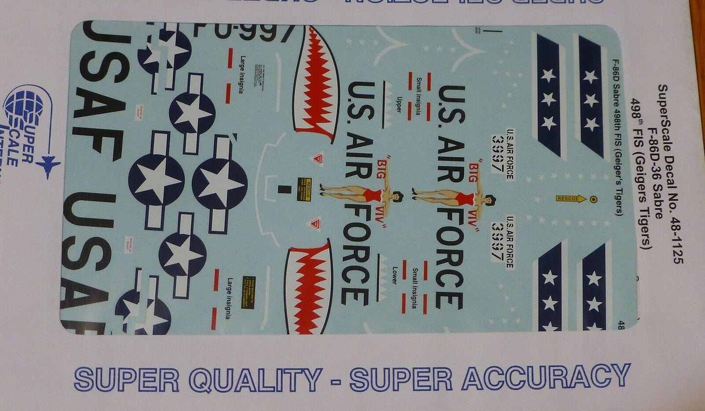 Microscale Decal 1:48 Scale #48-1125 / F-86D-36 Sabre, 498th FIS (Geigers Tigers
