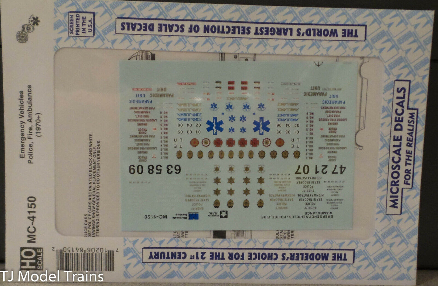 Microscale Decal HO #MC-4150 Emergency Vehicles Police, Fire, Ambulance (1970+)