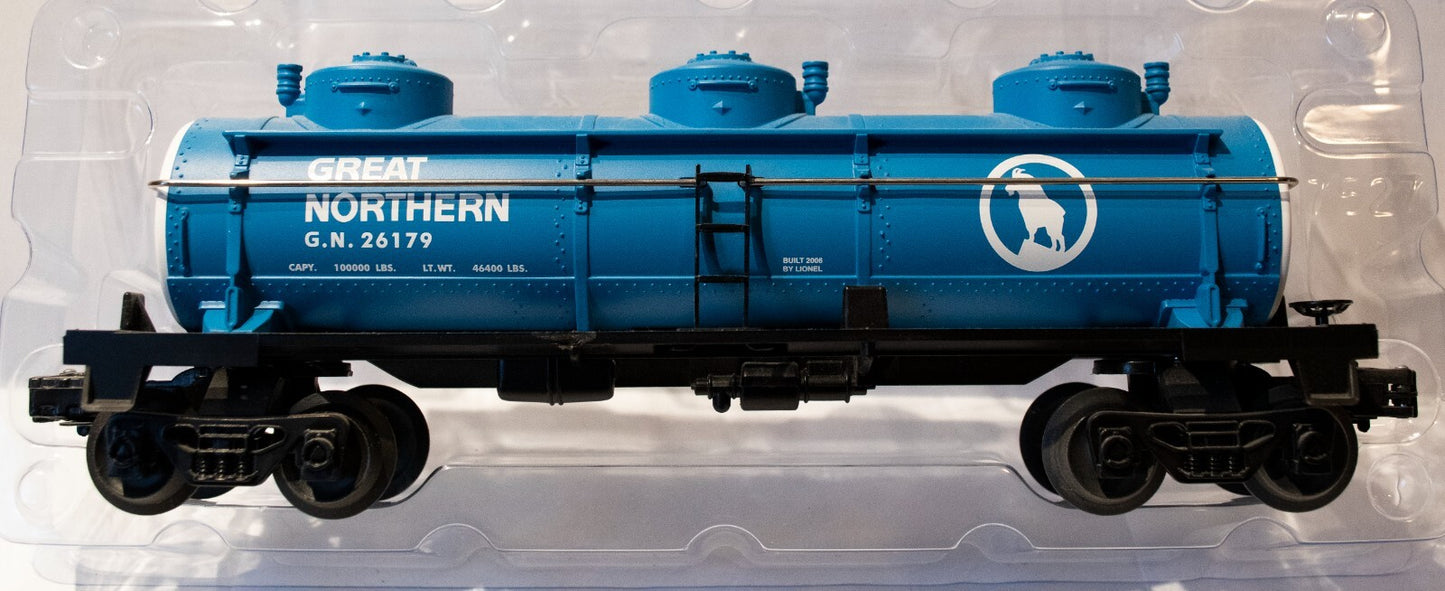 Lionel #6-26179A GN Three-dome Tank Car. Operating couplers, Metal Handrails, Pl