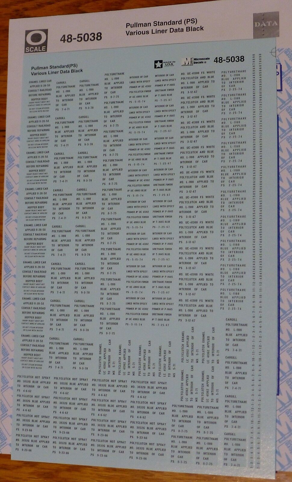 Microscale Decal O #48-5038 Pullman Standard (Pullman) Various Liner Data Black