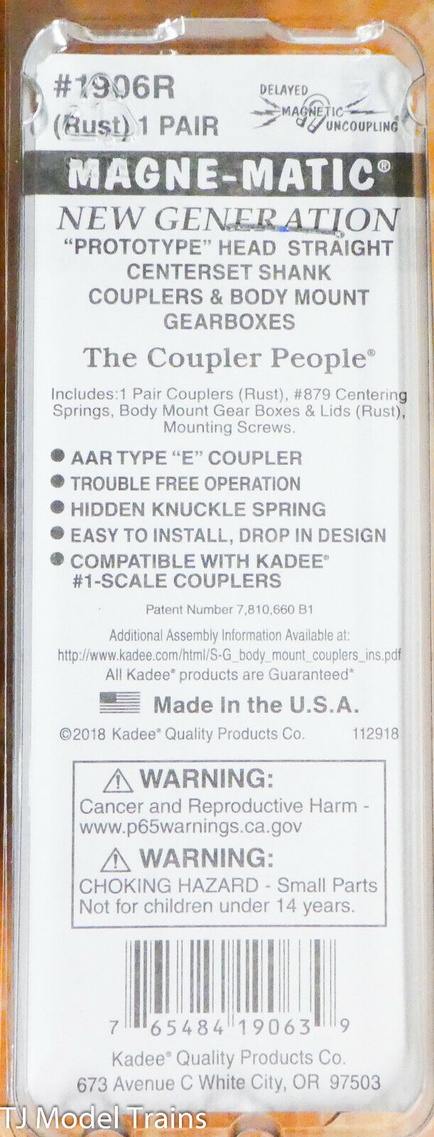 Kadee #1906R (#1 Scale) Type E Straight Centerset Shank Couplers with Standard