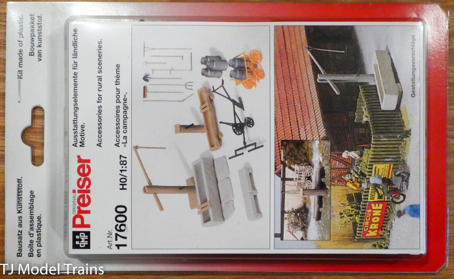 Preiser HO #17600 Rural Detail Set -- Water Pump w/Trough, Horse-Drawn Plow...