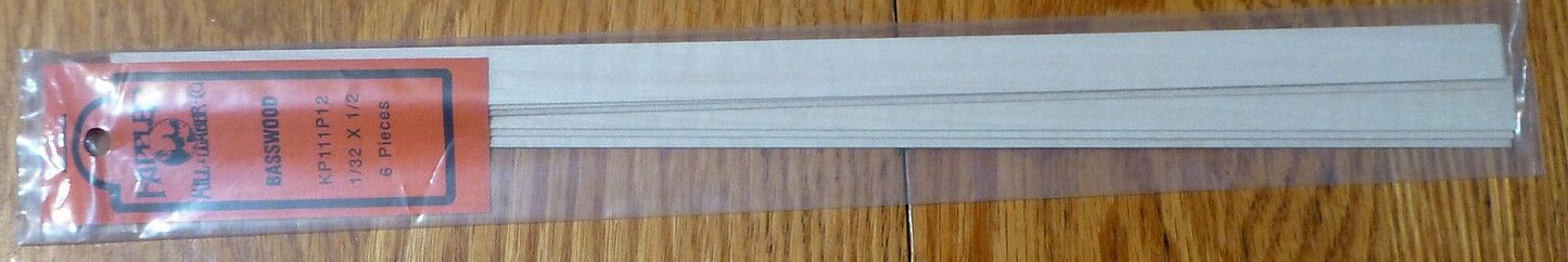 Kappler Mill Lumber Co. #111 (1/32 x 1/2 x 12") Basswood (6 Pieces in Package)