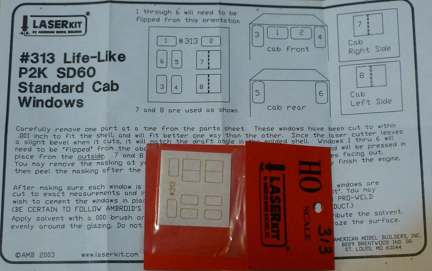American Model Builders, Inc HO #313 Windows for: Life LikeP2K SD60 Standard Cab