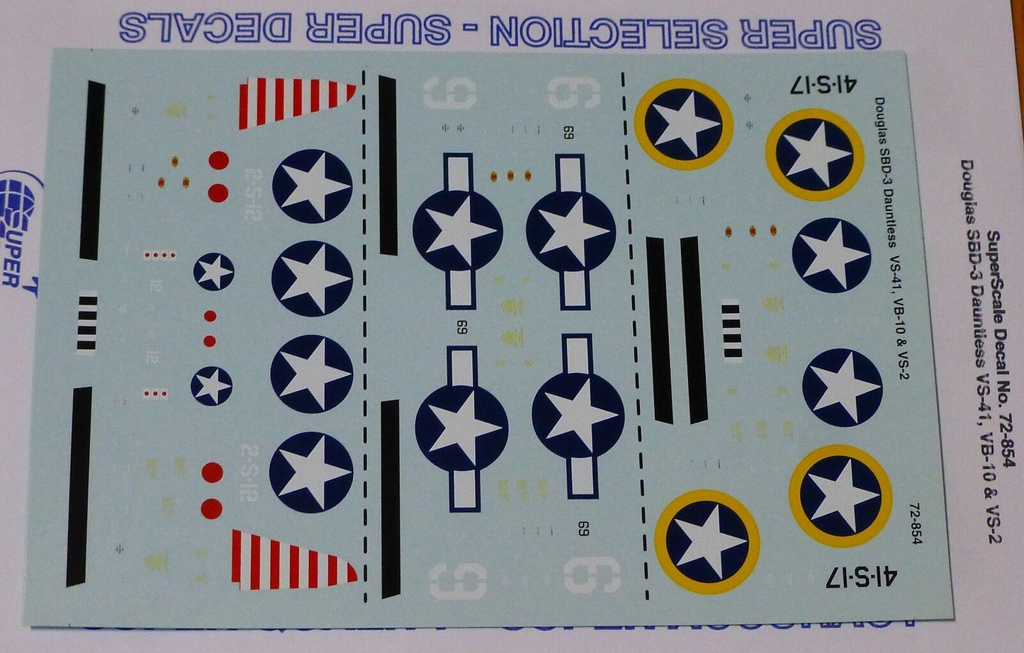 Microscale Decal 1:72 Scale #72-854 / Douglas SBD-3 Dauntlass: VS-41, VB-41, VB-