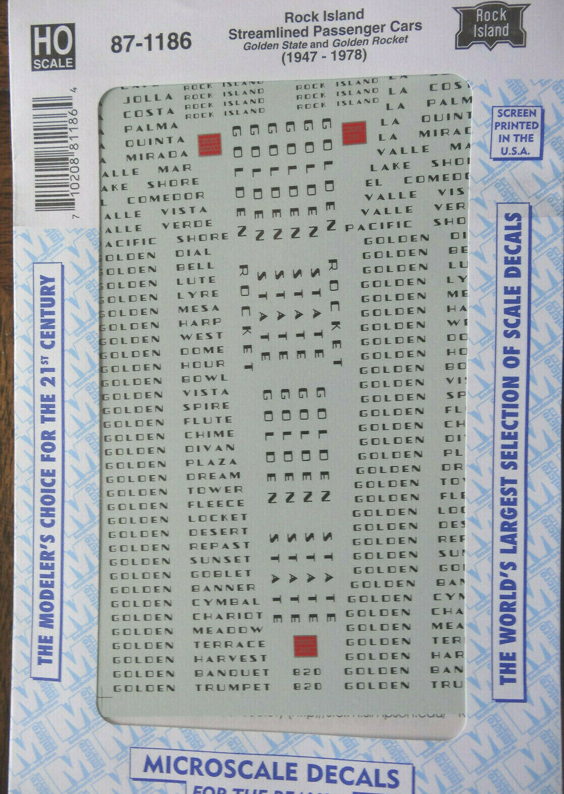 Microscale Decal HO #87-1186 Rock Island Streamlined Passenger Cars - Golden St