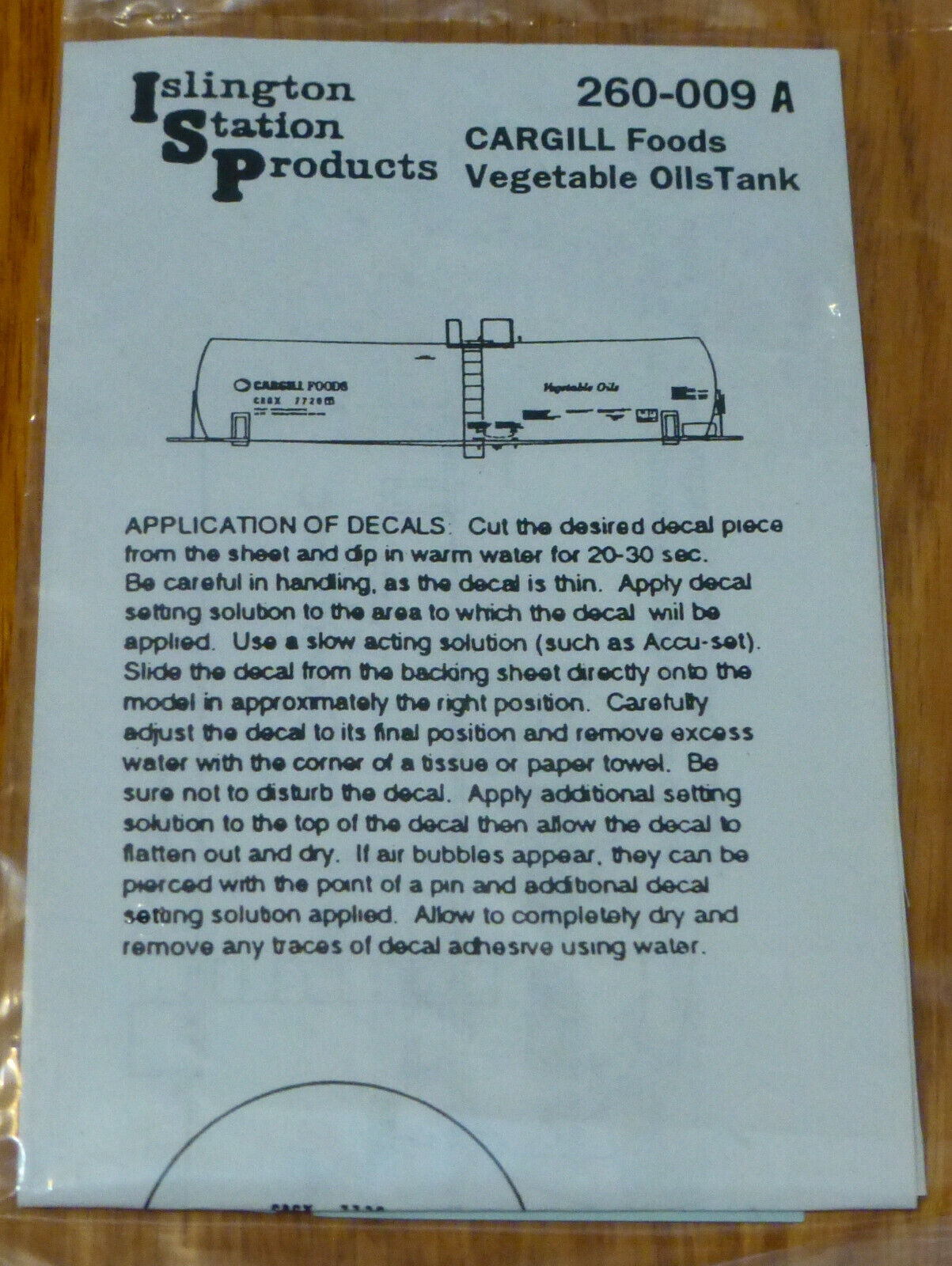 Islington Station Products HO #260-009A Cargill Foods Vegetable Oils Tank (Decal