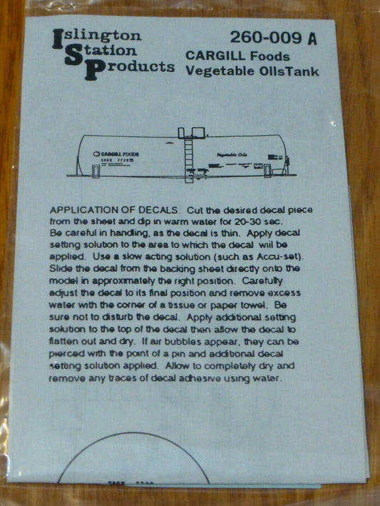 Islington Station Products HO #260-009A Cargill Foods Vegetable Oils Tank (Decal