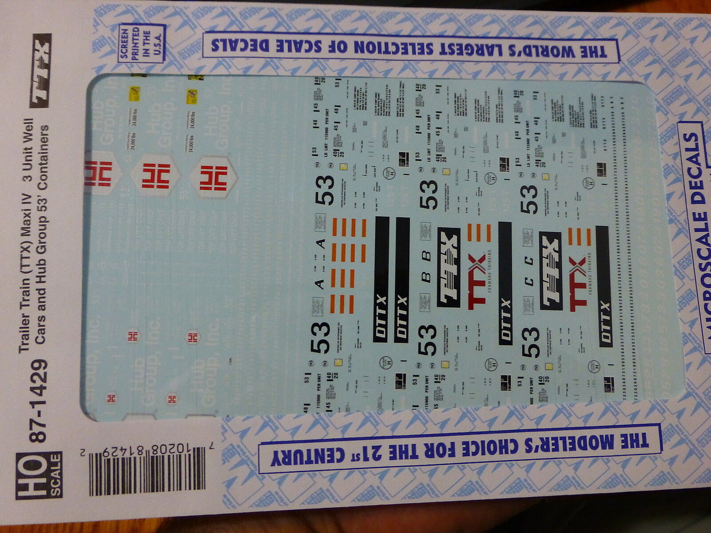 Microscale Decal HO #87-1429 Trailer Train TTX Maxi IV Well Cars & 53' HUB Group