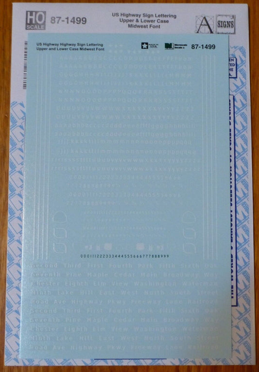 Microscale Decal HO #87-1499 US Highway Sign Lettering Upper &Lower Case Midwest