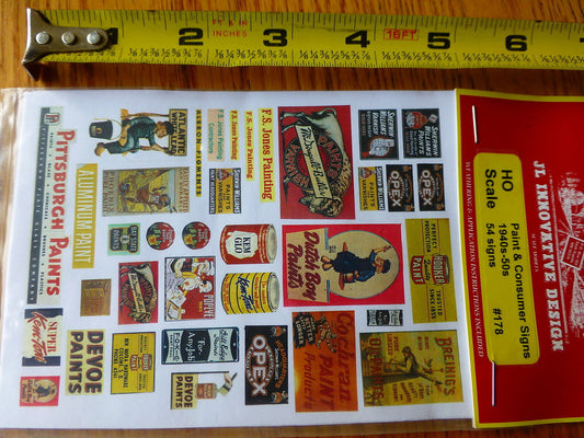JL Innovative Design HO #178 Paint & Consumer Signs 1940s-50s (54 Paper Signs