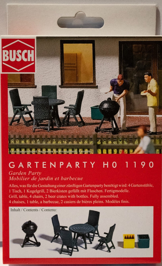 Busch HO #1190 Garden Party/Barbecue Set -- Grill, Table, Chairs & Case of Bottl