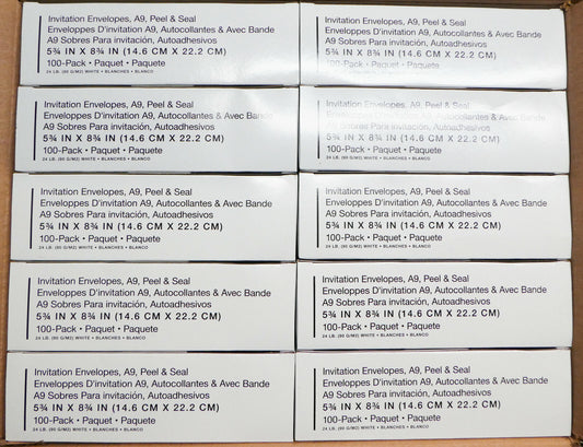 NEW (Box of 1000) Invitation Envelopes, A9, Peel & Seal 5-3/4" x 8-3/4"