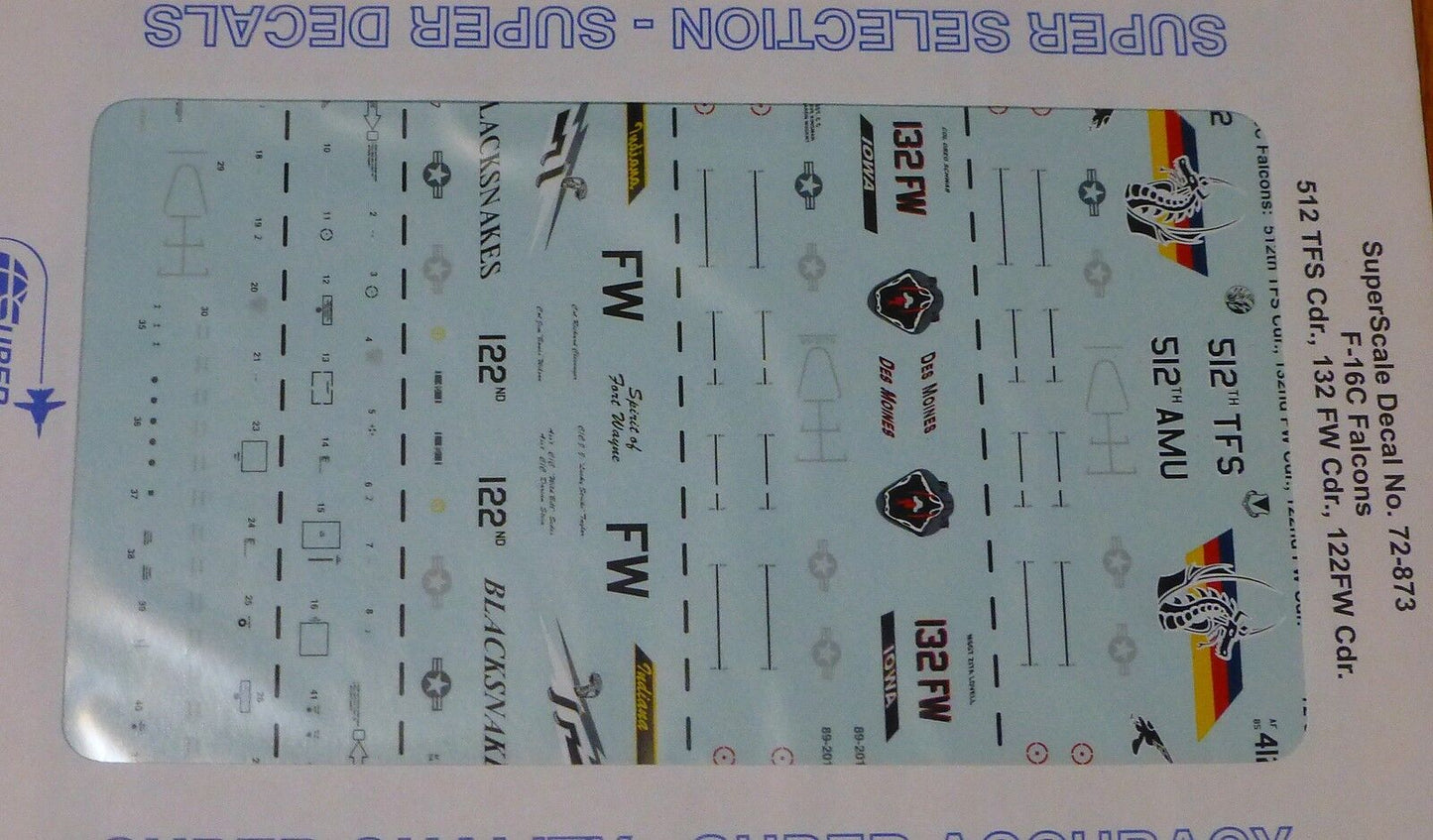 Microscale Decal 1:72 Scale #72-873 / F-16C Falcons, 512 TFS Cdr., 132 FW Cdr.,