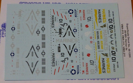 Microscale Decal 1:48 Scale #48-1205 / AV-8B+ Harriers 1is: VMA-513, VMA-311,