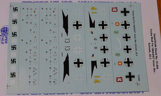 Microscale Decal 1:72 Scale #72-809 / Focke Wulf Fw 190A3/4/7 Aces: Bar, Schnell