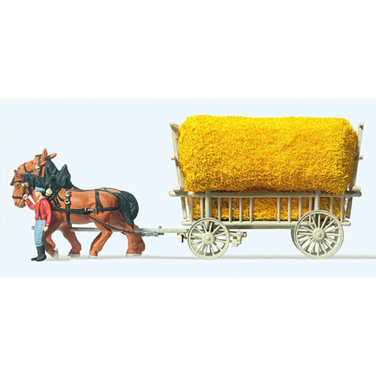 Preiser HO #30477 Horse-Drawn Wagon -- Hay  Wagon w/Driver & Load
