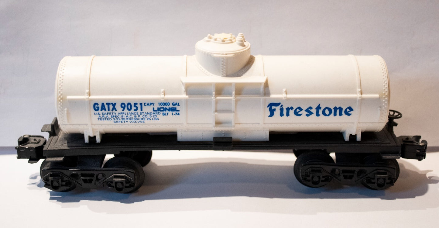 Lionel O Scale (Used) #9051 Firestone Tank Car Mid 1970s Train White w/ Blue Let