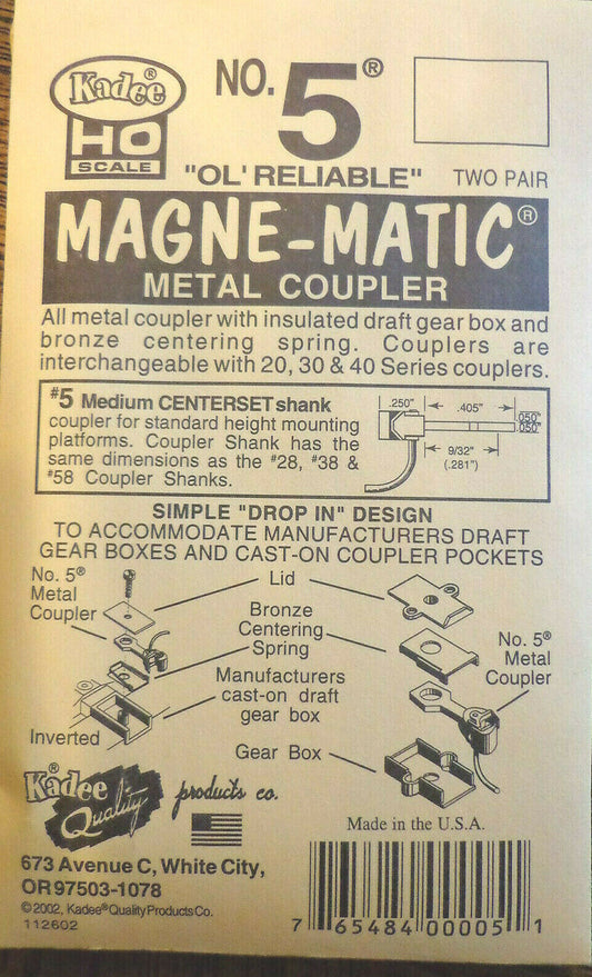 Kadee #5  Knuckle Couplers - Kit - Magne-Matic -- Medium 9/32" Centers (#0005)