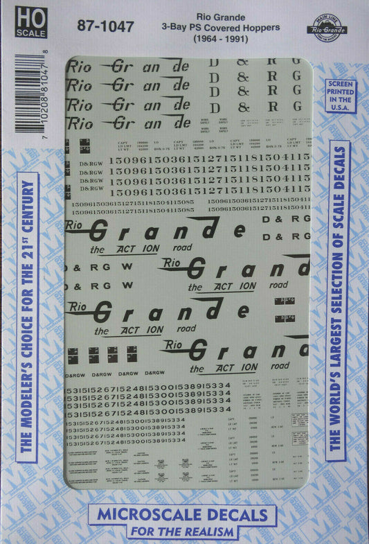 Microscale Decal HO  #87-1047 D&RGW Hopper - Covered - 3-Bay - PS Dates:1964-91