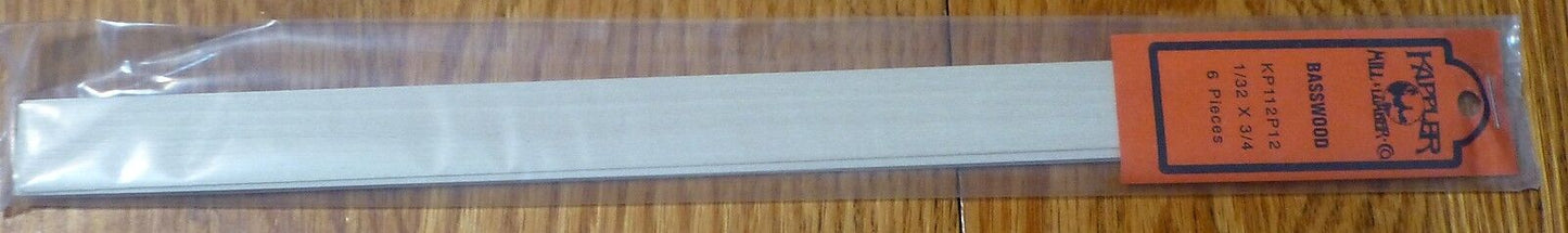 Kappler Mill Lumber Co. #112 (1/32 x 3/4" x 12") 6 Pieces in Package (Basswood)