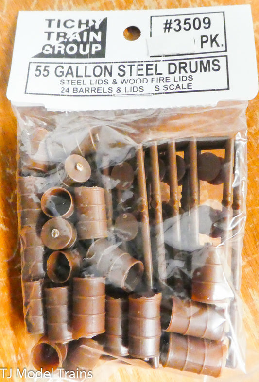 Tichy Train Group #3509 (S Scale) 55 Galon Steel Drums/Steel Lids/Wood Fire Lids
