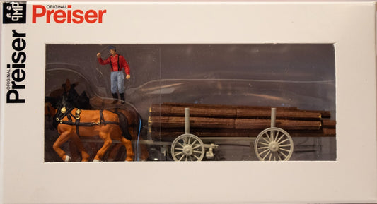 Preiser HO #30465 Horse-Drawn Wagon -- Log Wagon w/Driver & Load