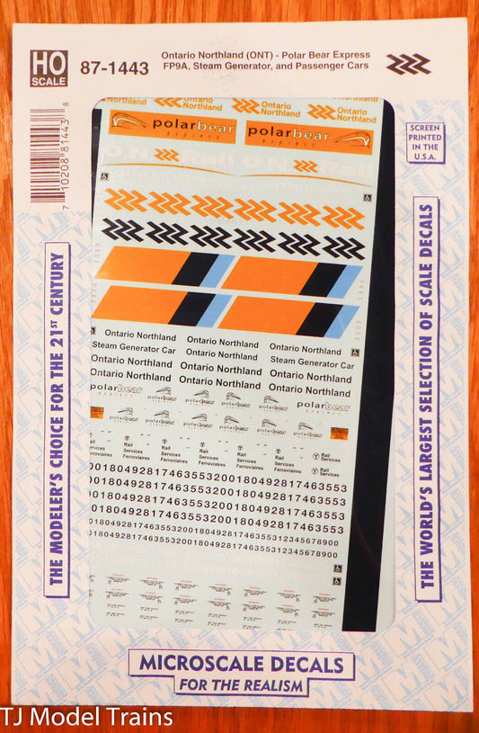 Microscale Decal #87-1443 ONT- Polar Bear Express, FP9A, Steam Gen., Pass. Cars