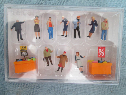 Preiser HO #10647 Bargain Bin Shoppers -- 2 Men, 8 Women, 2 Shopping Bins w/Sign
