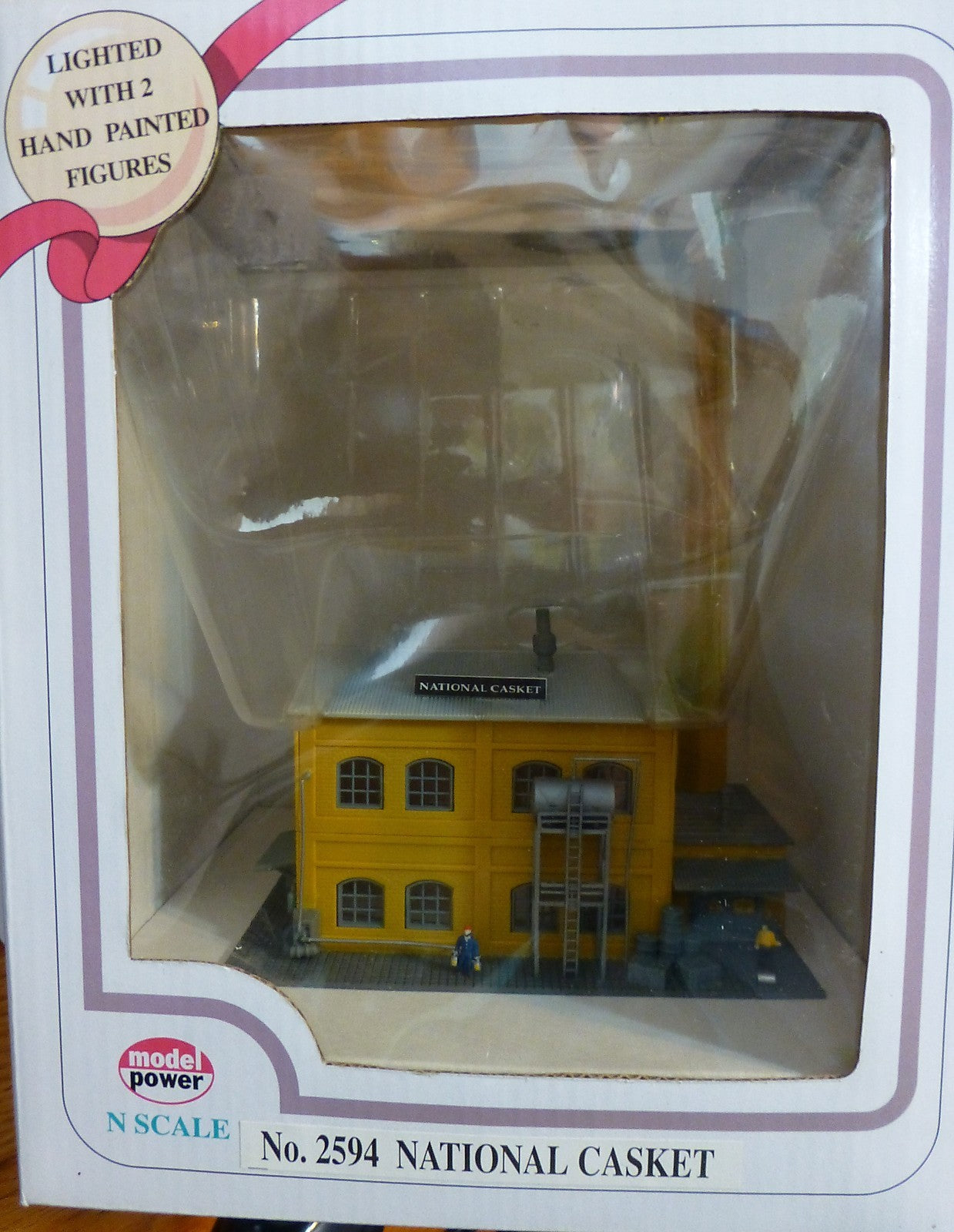Model Power N #2594 Built-Up Building Lighted w/Two Figures -- National Casket