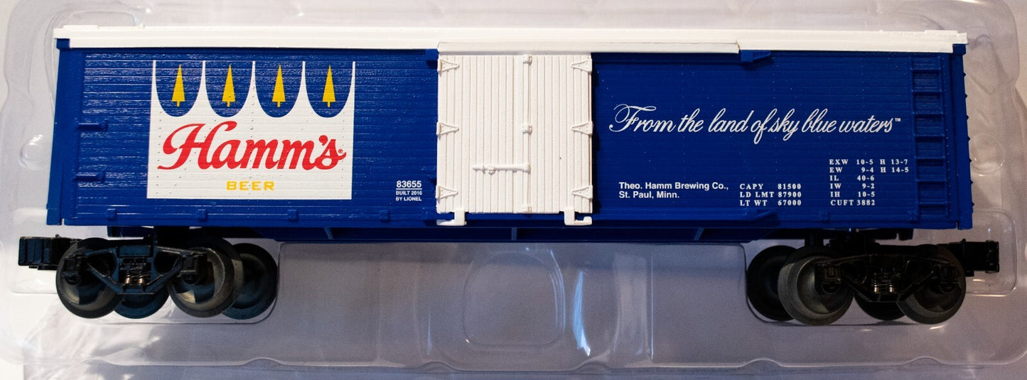 Lionel #6-83655 Hamm's Reefer Die-cast metal sprung trucks&Operating couplers Op