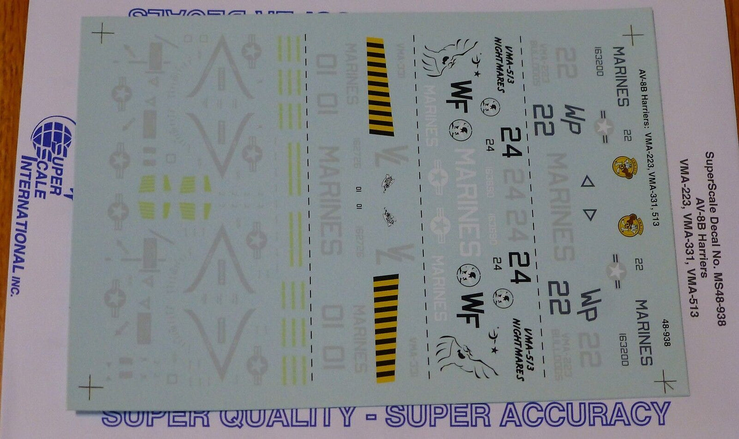 Microscale Decal 1:48 Scale #MS48-938 AV-8B Harriers: VMA-223, VMA-331, 513