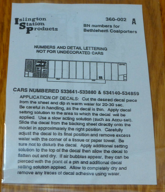 Islington Station Products HO #360-002A BN Numbers for Bethlehem Coalporters