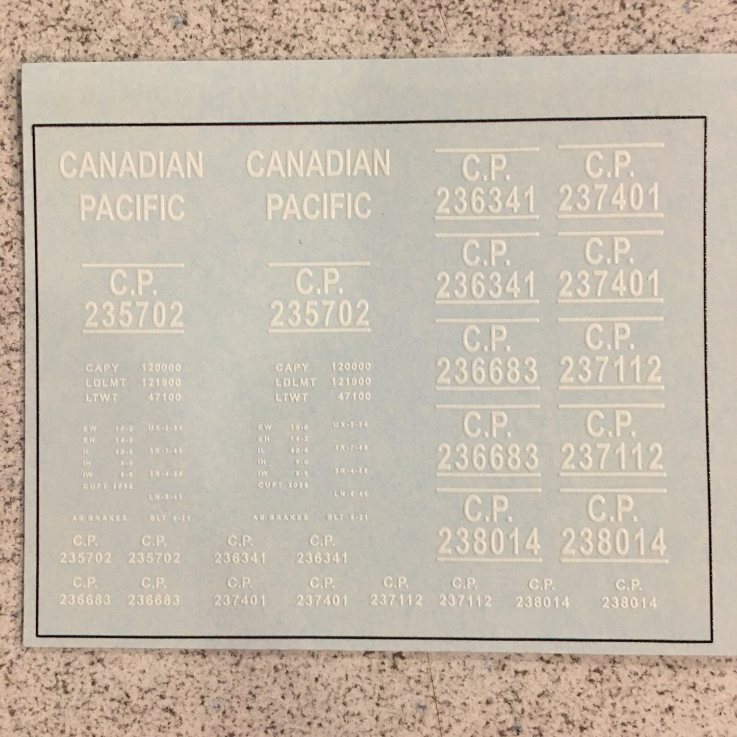 Tichy Train Group #9034 CP SS Boxcar Decal White for: Kit #4034