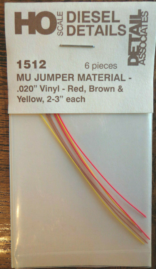 Detail Associates HO #1512 MU Jumper Cable .020" Vinyl 3" Long (red,brown,yellow