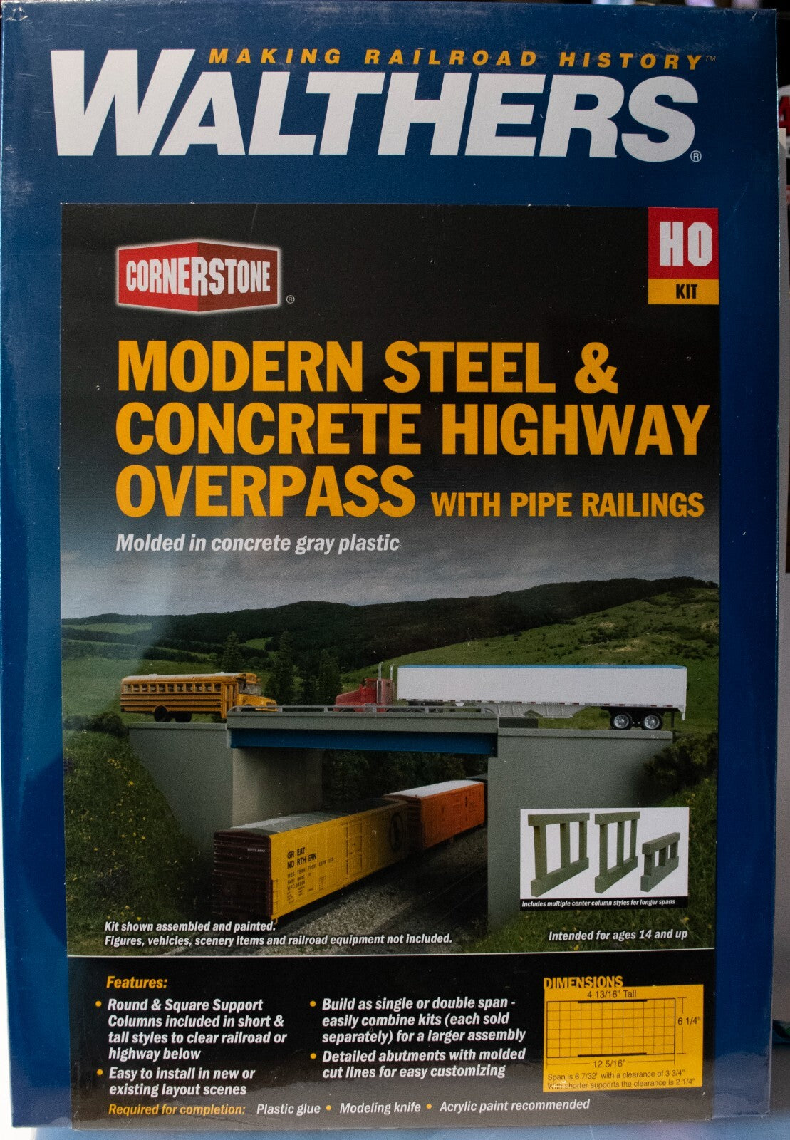 Walthers HO #933-4565 Modern Steel and Concrete Highway Overpass with Pipe Raili