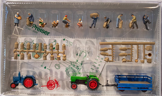 Preiser HO #13008 Farm Machinery -- Potato Harvest Set w/2 Tractors, Trailer, Ha