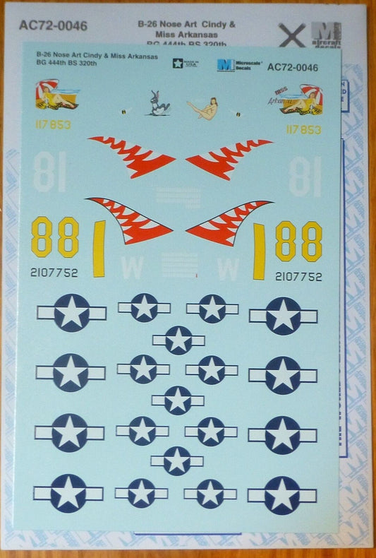 Microscale Decal 1/72 #AC72-0046 Nose Art Cindy &Miss Arkansas BG 444th BS 320th