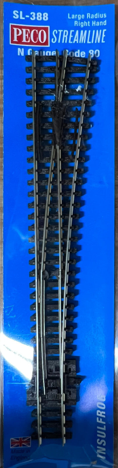 Peco #SL-388 Code 80, Large Radius Right Hand Turnout  Insulfrog