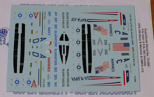 Microscale Decal 1:72 Scale #72-888 / F/A-18A+ & F/A-18C Hornets: USMC VMF A-115