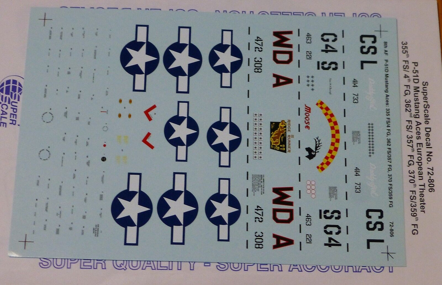 Microscale Decal 1:72 Scale #72-806 / 8th AF, P-51D Mustang Aces: 355th FS/ 4 FG